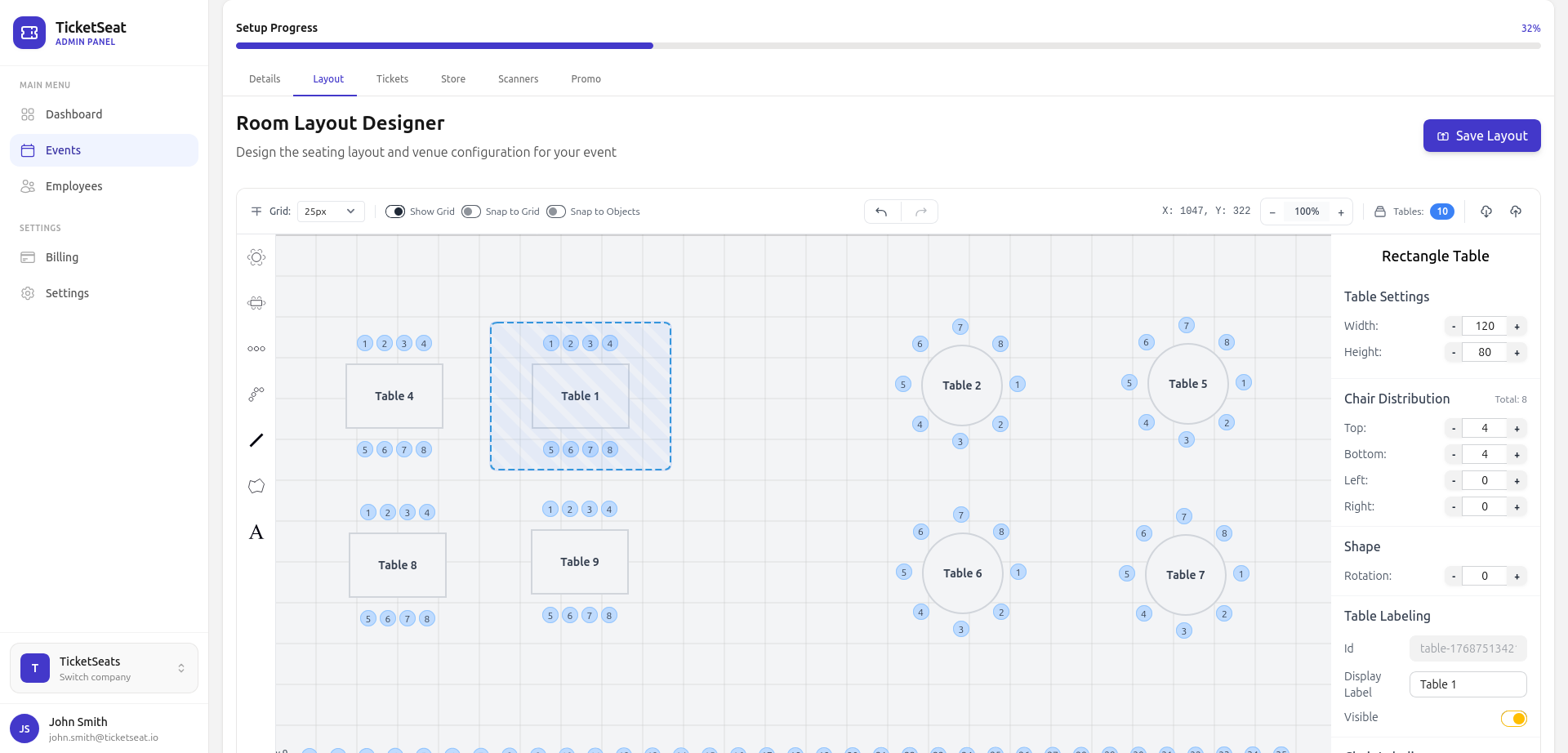 Ticketseat drag-and-drop venue designer building a reserved-seating layout
